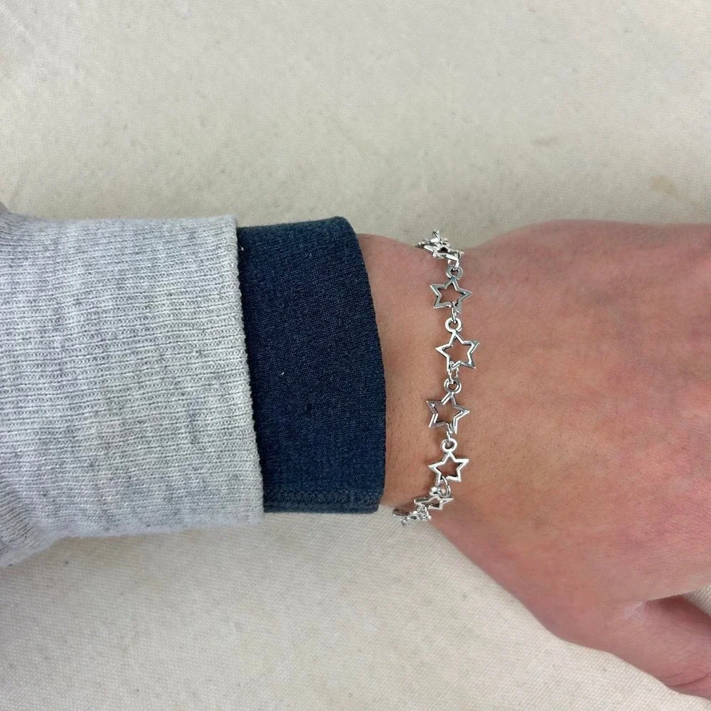 Vintage style stainless steel silver star chain bracelet cyber grunge punk